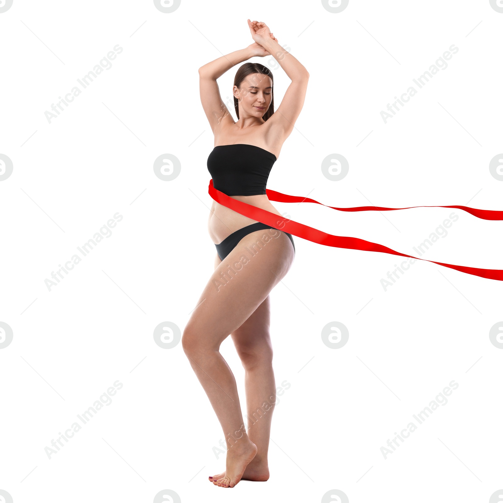 Woman showing her body on white background, before and after. Collage divided by red ribbon demonstrating result of liposuction or weight loss Image of Woman showing her body on white background, before and after. Collage divided by red ribbon demonstrating result of liposuction or weight loss