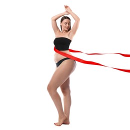 Image of Woman showing her body on white background, before and after. Collage divided by red ribbon demonstrating result of liposuction or weight loss