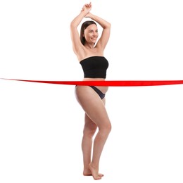 Image of Woman showing her body on white background, before and after. Collage divided by red ribbon demonstrating result of liposuction or weight loss