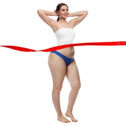 Image of Woman showing her body on white background, before and after. Collage divided by red ribbon demonstrating result of liposuction or weight loss