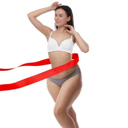 Image of Woman showing her body on white background, before and after. Collage divided by red ribbon demonstrating result of liposuction or weight loss
