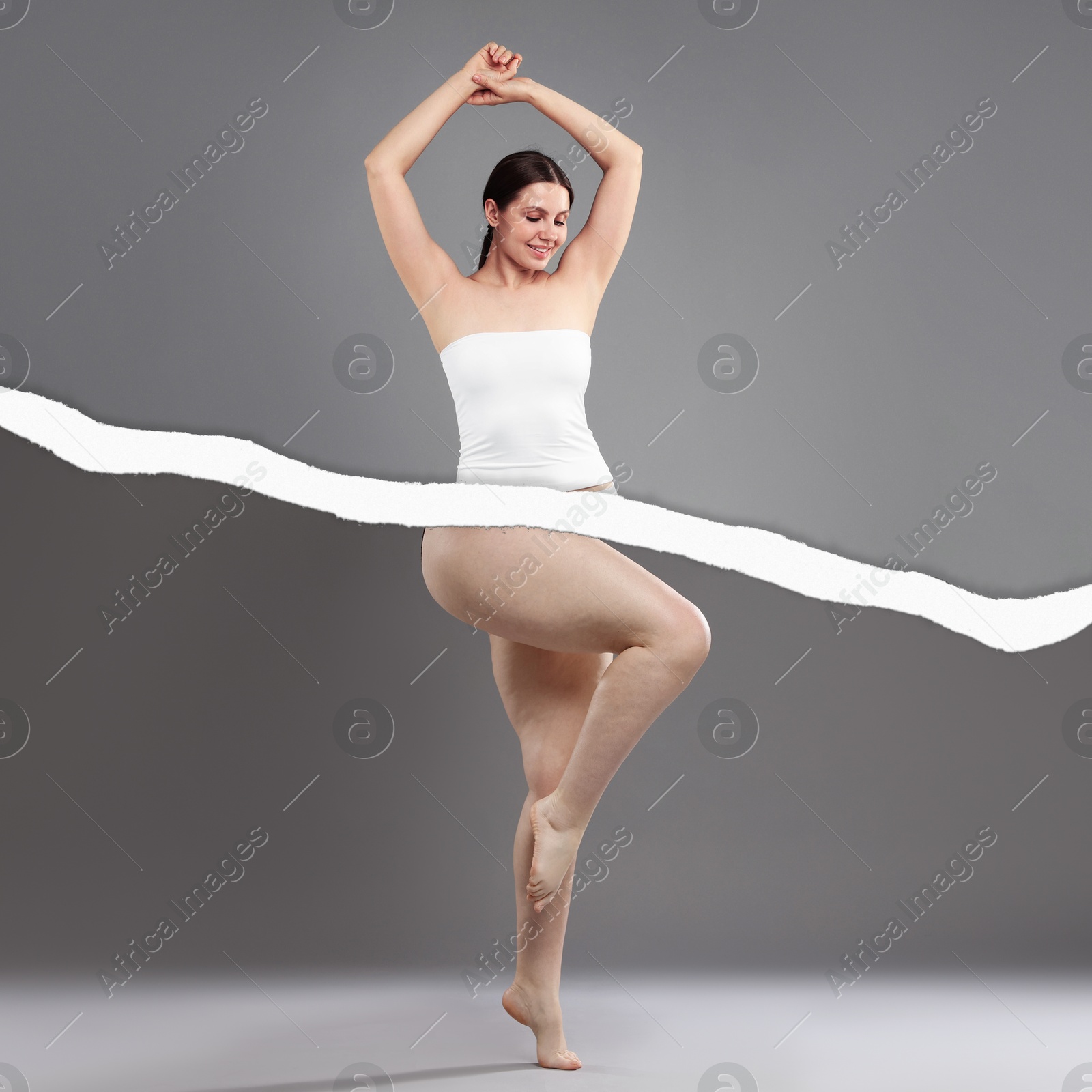 Image of Slim woman and torn photo of her previous oversize body shape. Collage on grey background. Liposuction, weight loss, healthy lifestyle