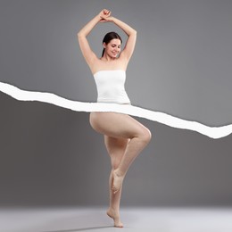 Image of Slim woman and torn photo of her previous oversize body shape. Collage on grey background. Liposuction, weight loss, healthy lifestyle