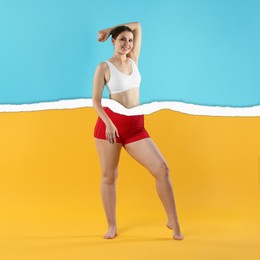 Image of Slim woman and torn photo of her previous oversize body shape, collage. Liposuction, weight loss, healthy lifestyle