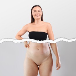 Image of Slim woman and torn photo of her previous oversize body shape. Collage on light background. Liposuction, weight loss, healthy lifestyle