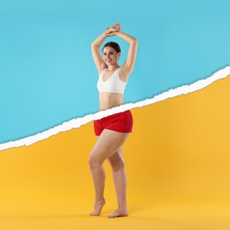 Image of Slim woman and torn photo of her previous oversize body shape, collage. Liposuction, weight loss, healthy lifestyle