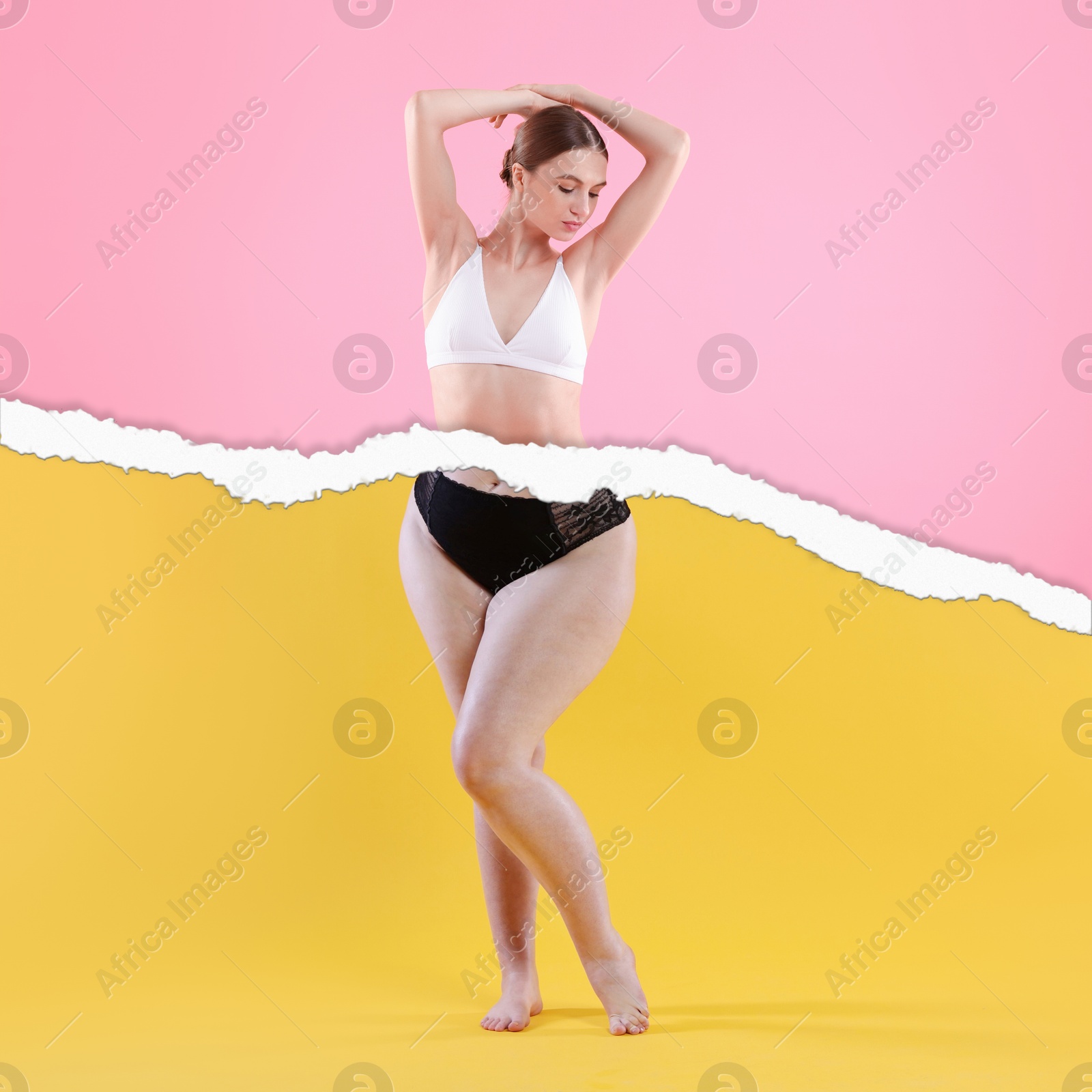 Image of Slim woman and torn photo of her previous oversize body shape, collage. Liposuction, weight loss, healthy lifestyle