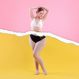 Image of Slim woman and torn photo of her previous oversize body shape, collage. Liposuction, weight loss, healthy lifestyle