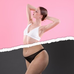 Image of Slim woman and torn photo of her previous oversize body shape, collage. Liposuction, weight loss, healthy lifestyle