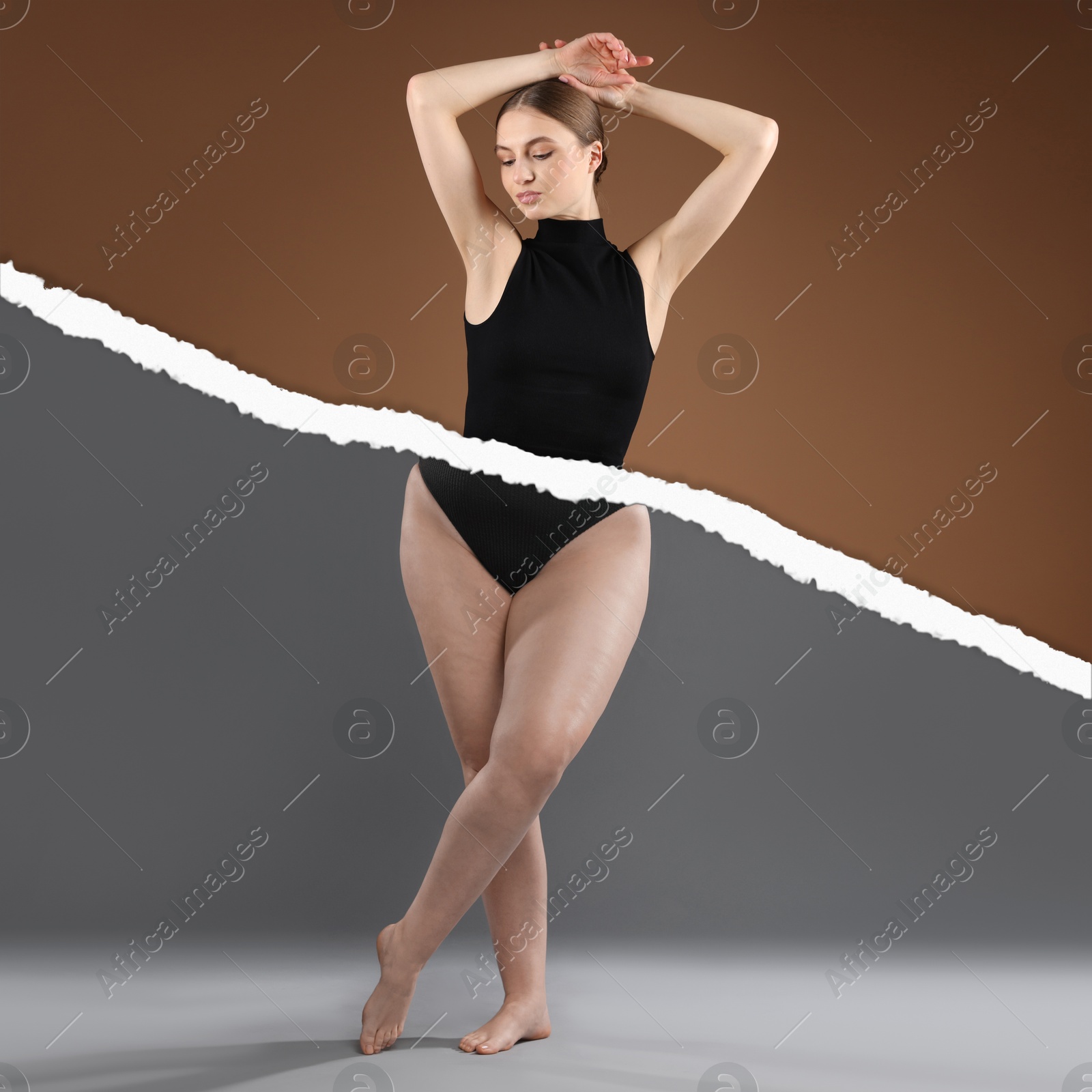 Image of Slim woman and torn photo of her previous oversize body shape, collage. Liposuction, weight loss, healthy lifestyle
