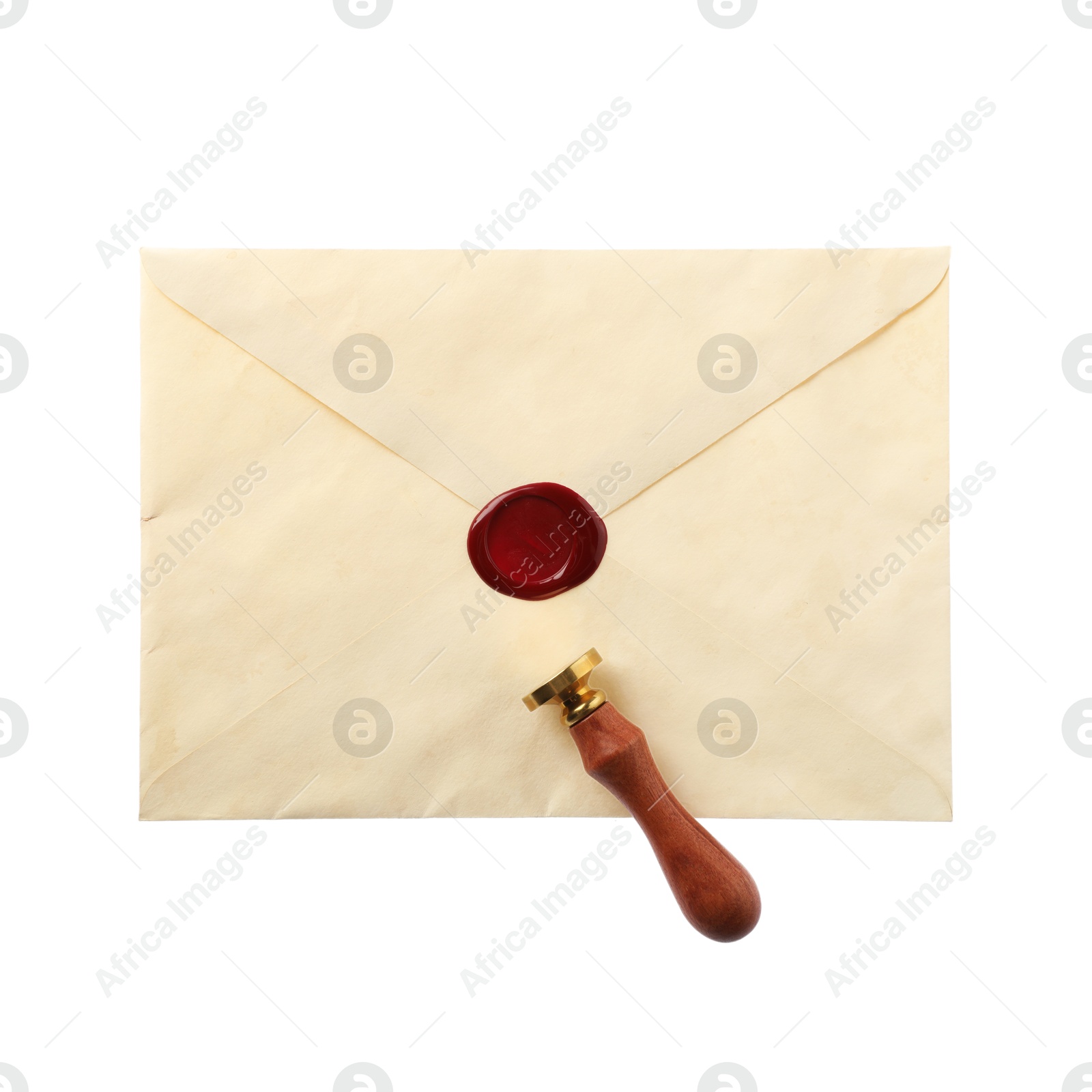 Wax stamp and envelope with seal isolated on white, top view Photo of Wax stamp and envelope with seal isolated on white, top view