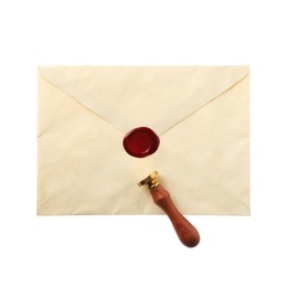 Photo of Wax stamp and envelope with seal isolated on white, top view