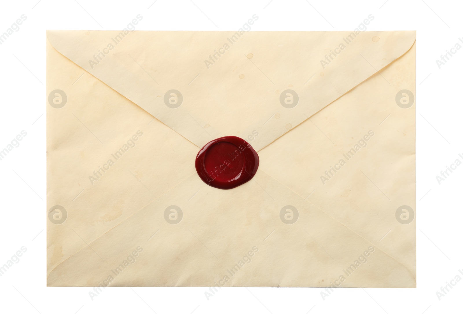 Beautiful envelope with wax seal isolated on white, top view Photo of Beautiful envelope with wax seal isolated on white, top view