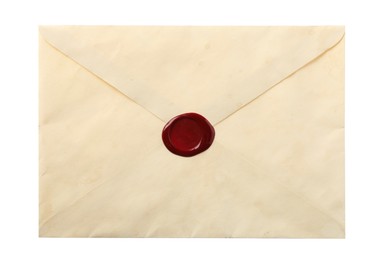 Photo of Beautiful envelope with wax seal isolated on white, top view