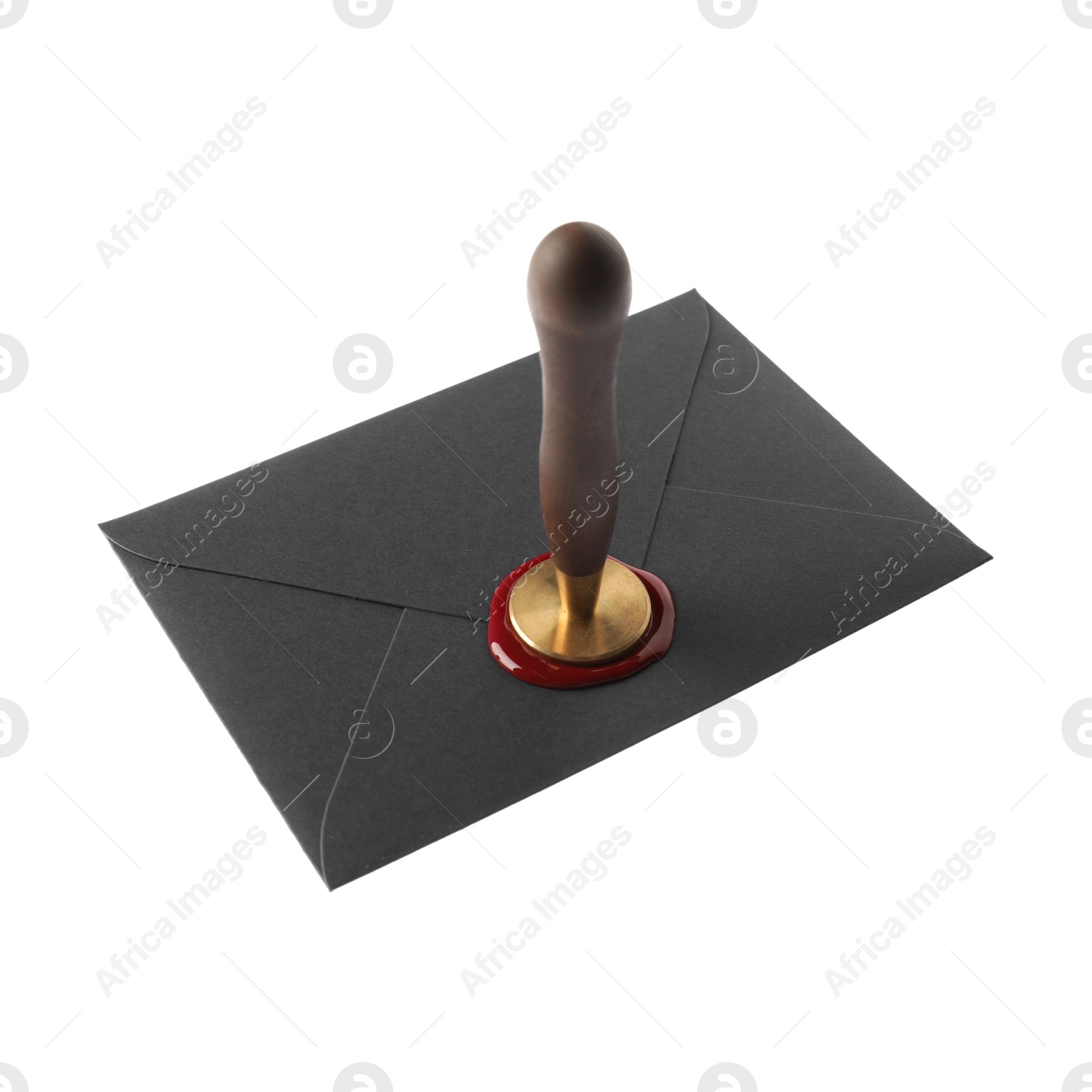 Sealing black envelope with wax stamp isolated on white Photo of Sealing black envelope with wax stamp isolated on white