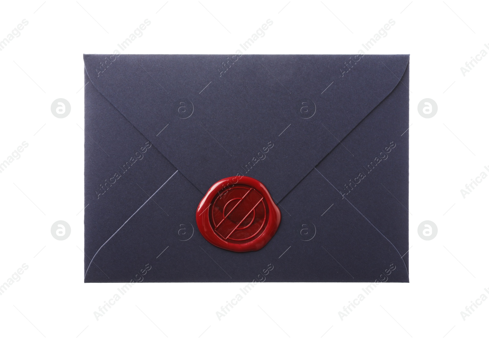 Beautiful envelope with wax seal isolated on white, top view Photo of Beautiful envelope with wax seal isolated on white, top view