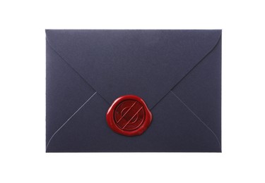Photo of Beautiful envelope with wax seal isolated on white, top view
