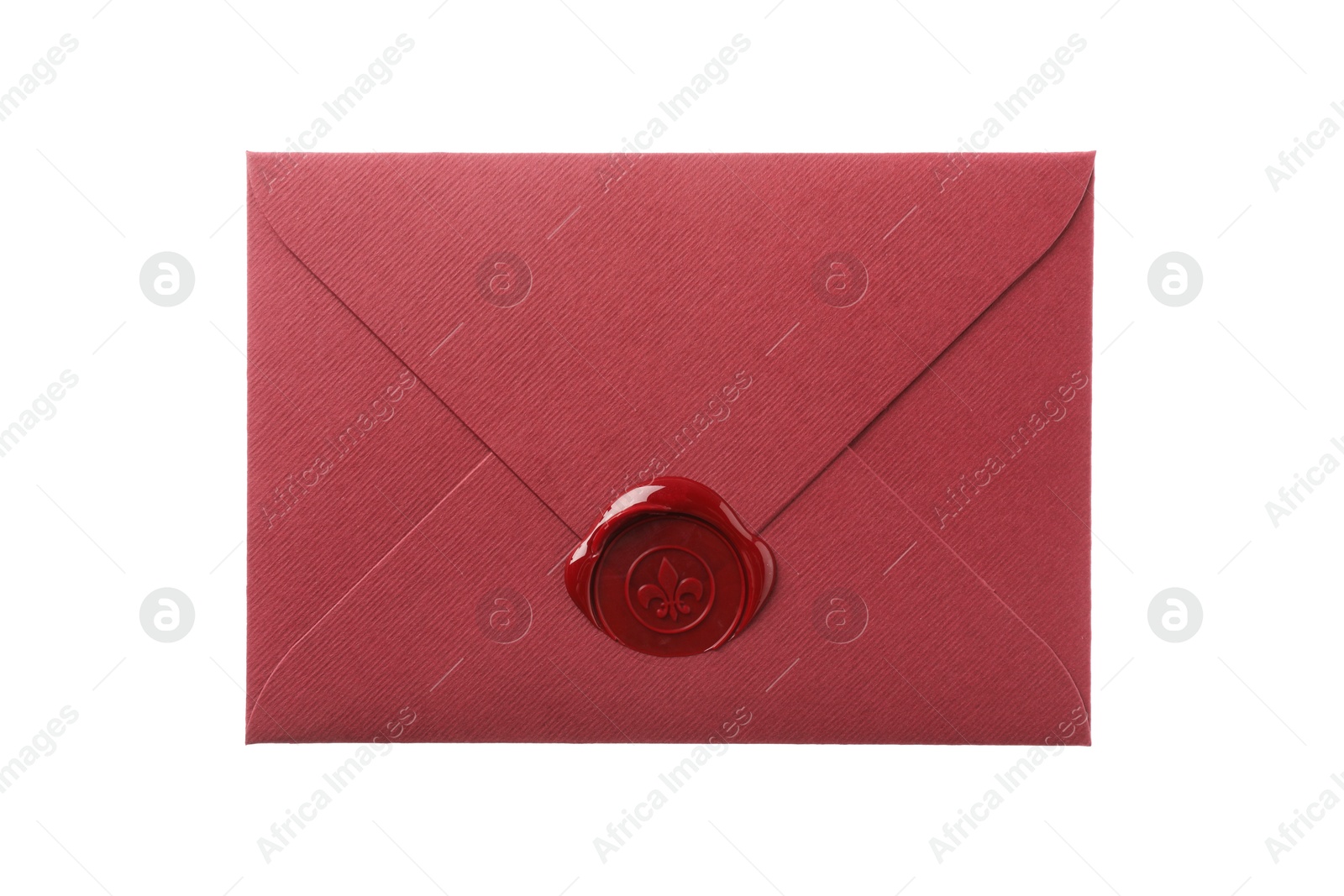 Beautiful envelope with wax seal isolated on white, top view Photo of Beautiful envelope with wax seal isolated on white, top view