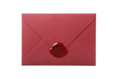 Photo of Beautiful envelope with wax seal isolated on white, top view