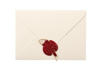 Photo of Beautiful envelope with wax seal isolated on white, top view