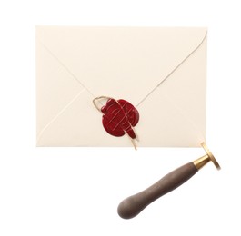 Photo of Wax stamp and envelope with seal isolated on white, top view
