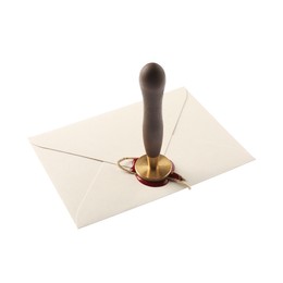 Photo of Sealing envelope with wax stamp isolated on white