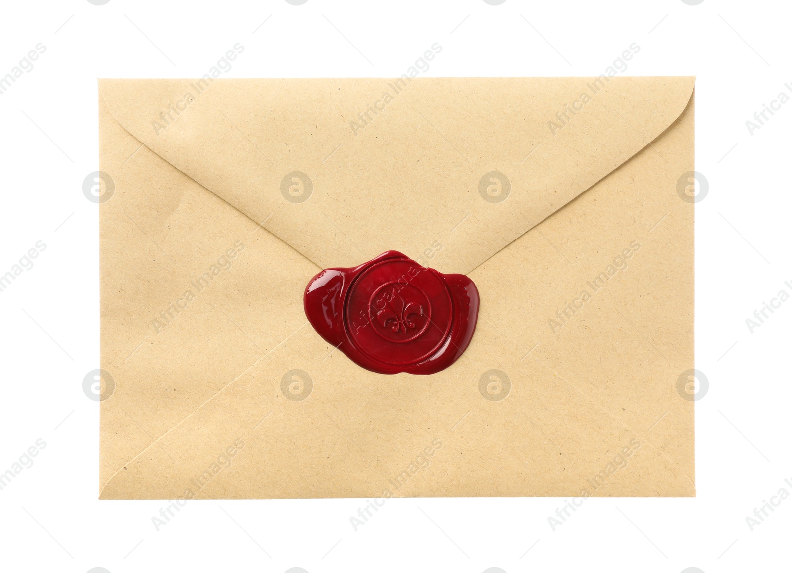 Beautiful envelope with wax seal isolated on white, top view Photo of Beautiful envelope with wax seal isolated on white, top view