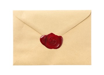 Photo of Beautiful envelope with wax seal isolated on white, top view