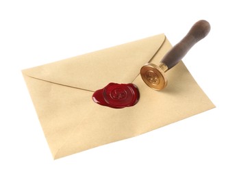 Photo of Wax stamp and envelope with seal isolated on white