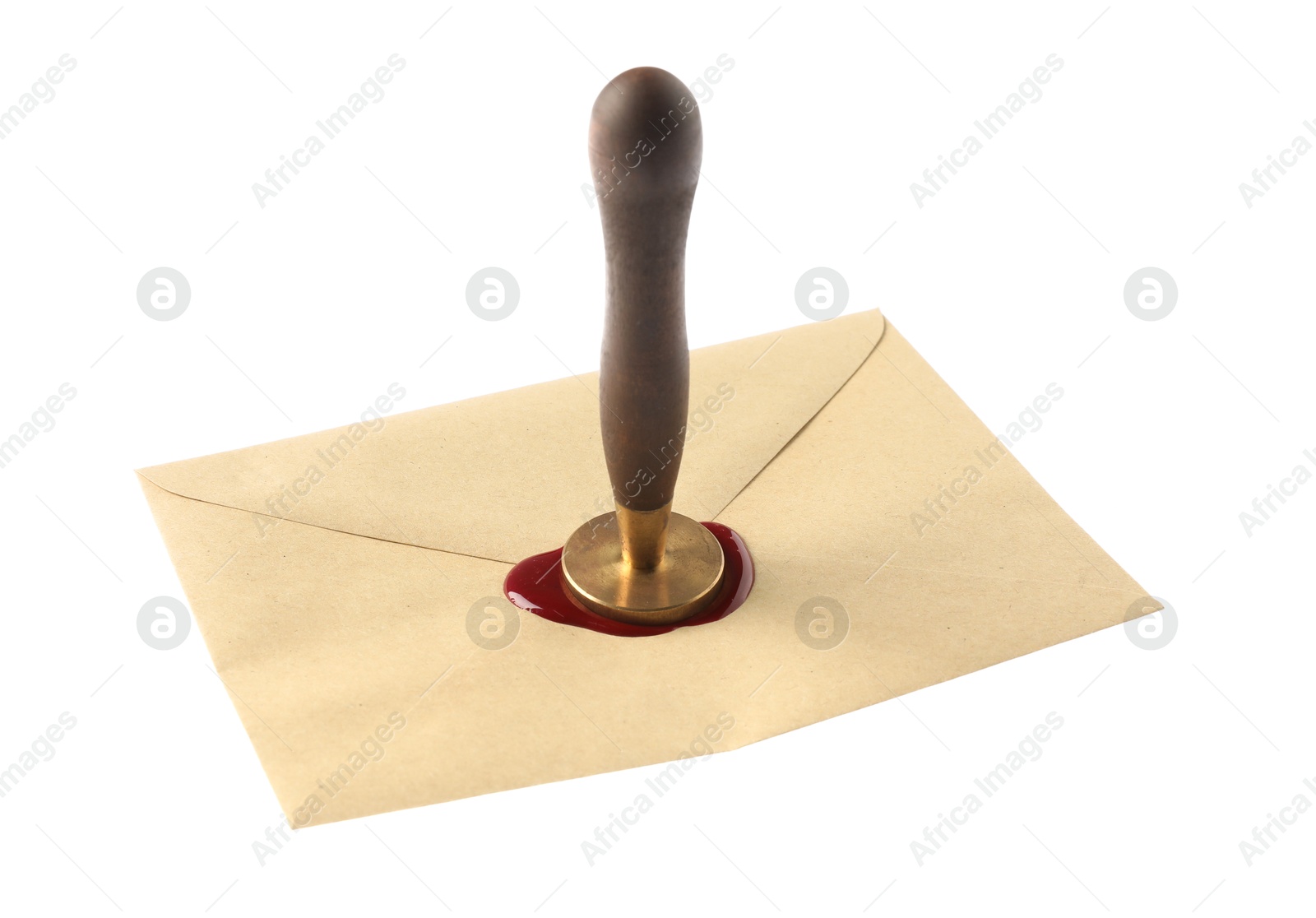 Sealing envelope with wax stamp isolated on white Photo of Sealing envelope with wax stamp isolated on white
