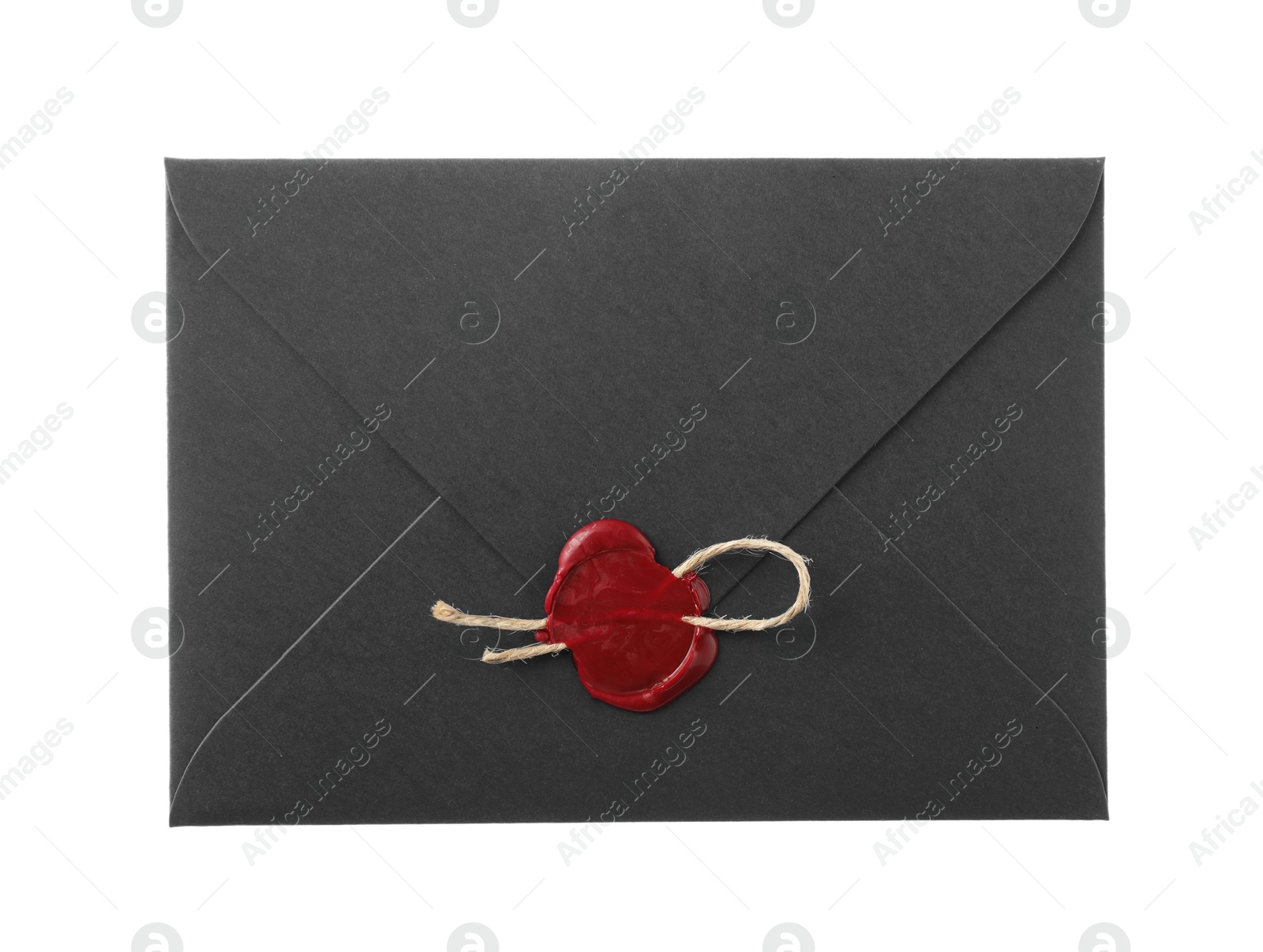 Black envelope with wax seal isolated on white, top view Photo of Black envelope with wax seal isolated on white, top view