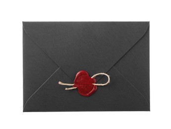 Photo of Black envelope with wax seal isolated on white, top view