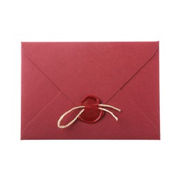 Photo of Red envelope with wax seal isolated on white, top view