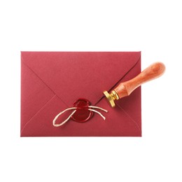 Photo of Wax stamp and red envelope with seal isolated on white, top view