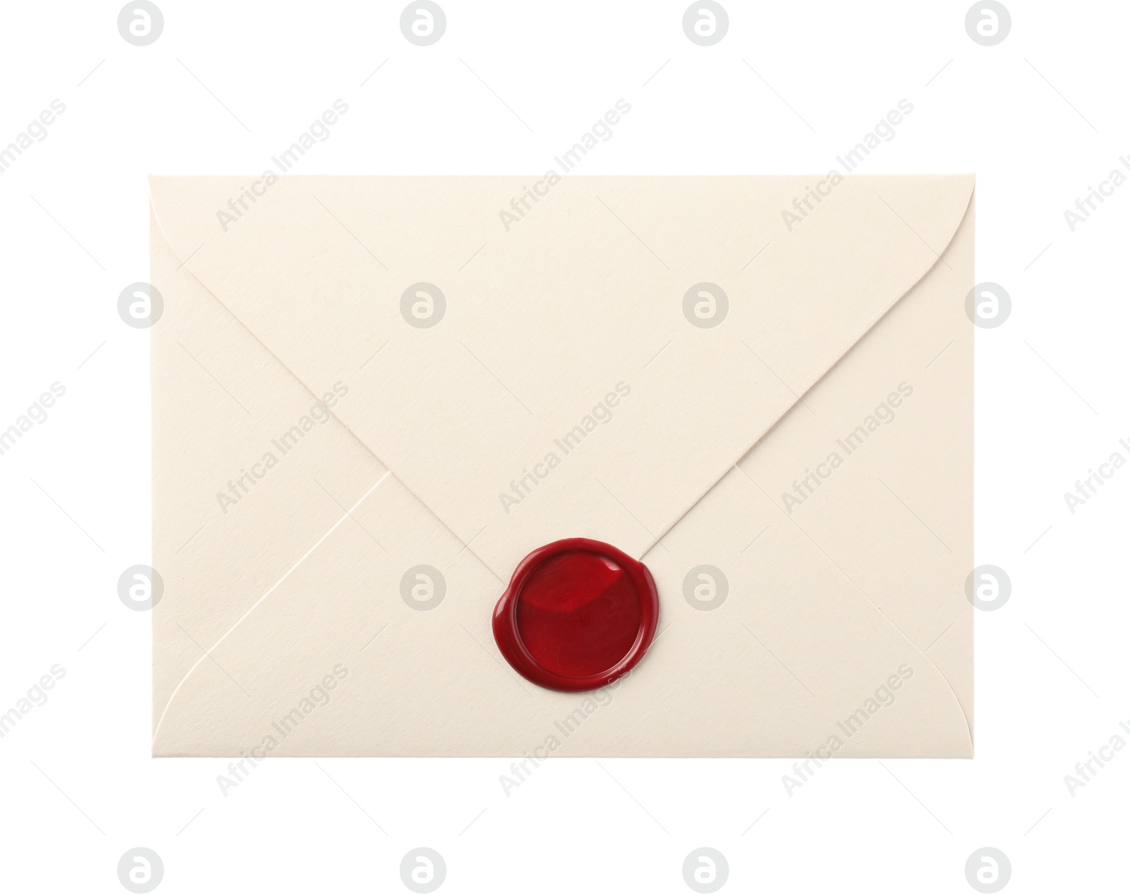 Beautiful envelope with wax seal isolated on white, top view Photo of Beautiful envelope with wax seal isolated on white, top view