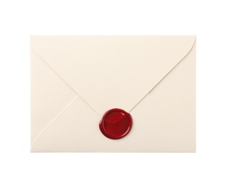 Photo of Beautiful envelope with wax seal isolated on white, top view