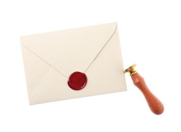 Photo of Wax stamp and envelope with seal isolated on white, top view