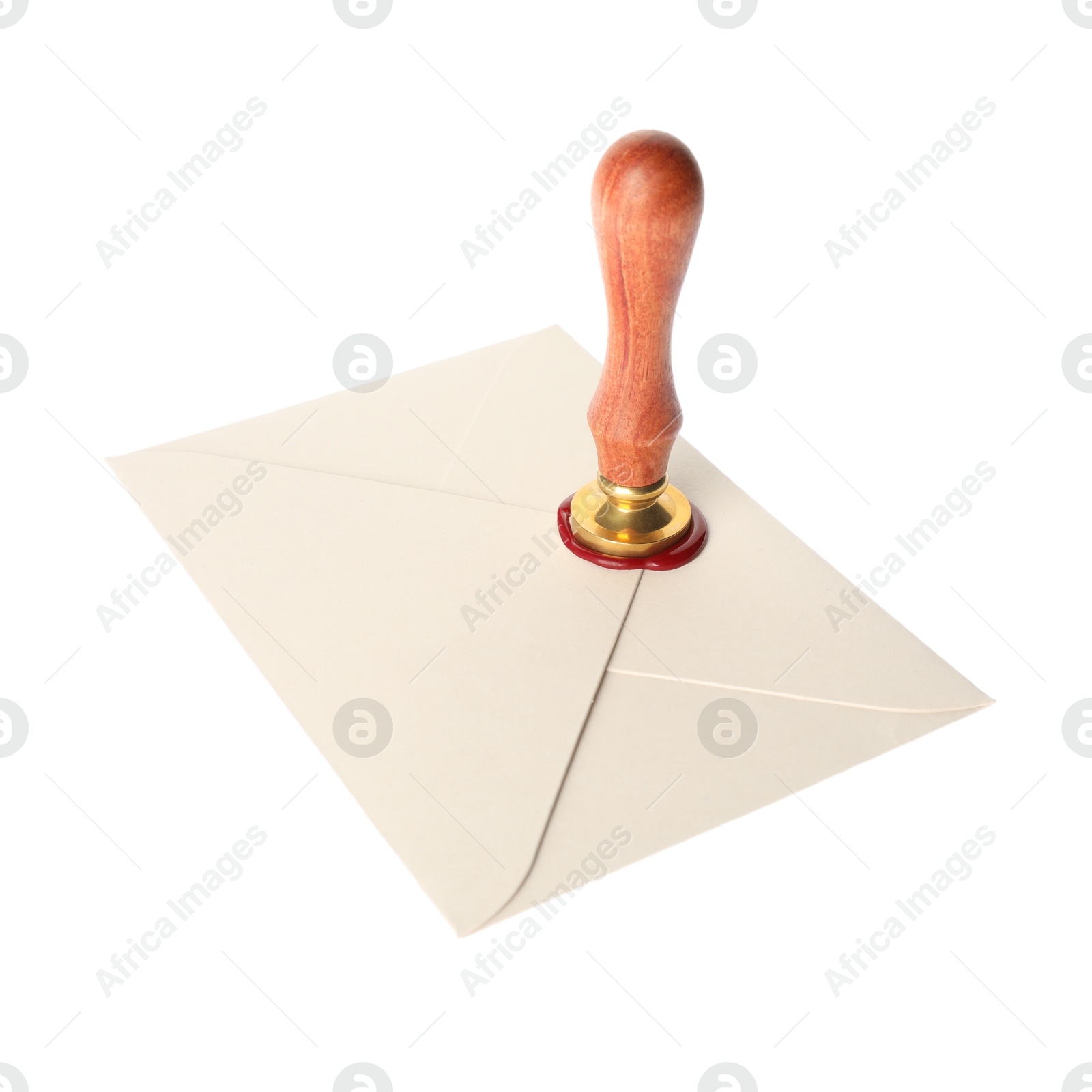 Sealing envelope with wax stamp isolated on white Photo of Sealing envelope with wax stamp isolated on white