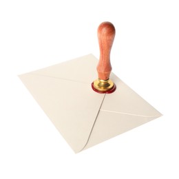 Photo of Sealing envelope with wax stamp isolated on white