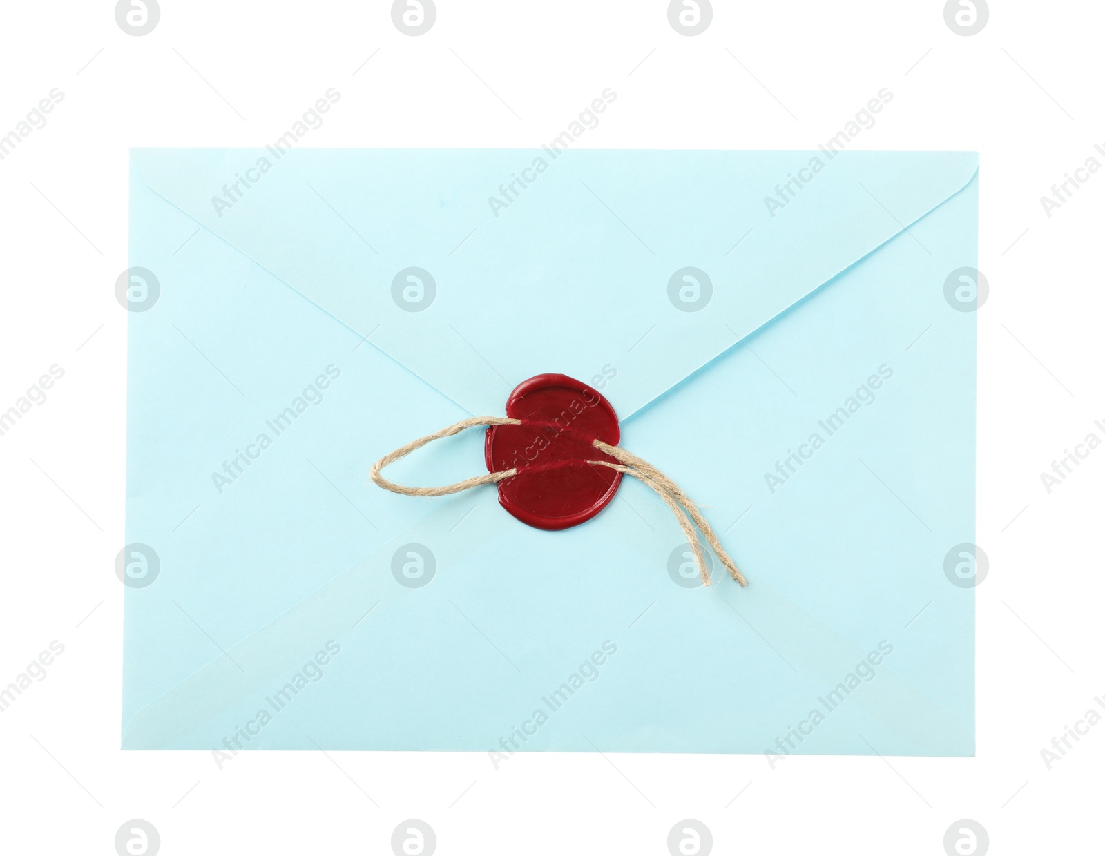 Beautiful envelope with wax seal isolated on white, top view Photo of Beautiful envelope with wax seal isolated on white, top view