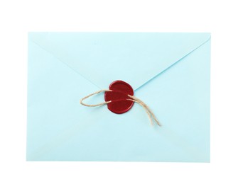 Photo of Beautiful envelope with wax seal isolated on white, top view