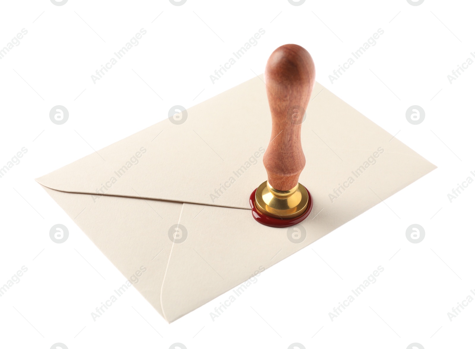 Sealing envelope with wax stamp isolated on white Photo of Sealing envelope with wax stamp isolated on white