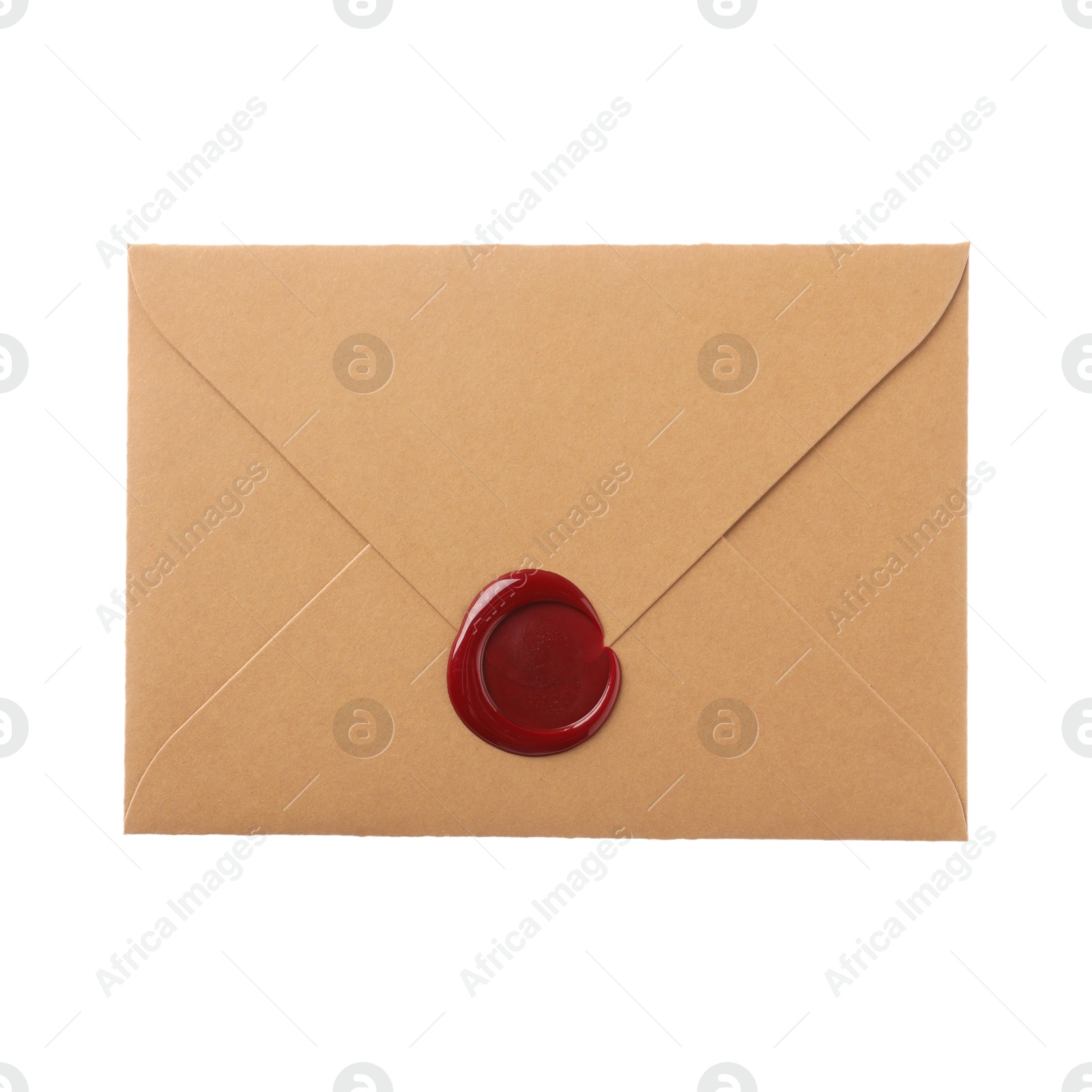 Beautiful envelope with wax seal isolated on white, top view Photo of Beautiful envelope with wax seal isolated on white, top view