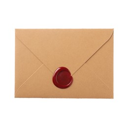 Photo of Beautiful envelope with wax seal isolated on white, top view