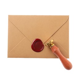 Photo of Wax stamp and envelope with seal isolated on white, top view