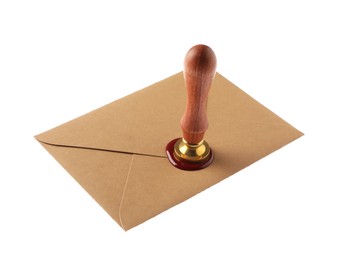Photo of Sealing envelope with wax stamp isolated on white