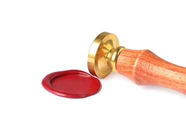 Photo of Beautiful wax stamp and red seal isolated on white