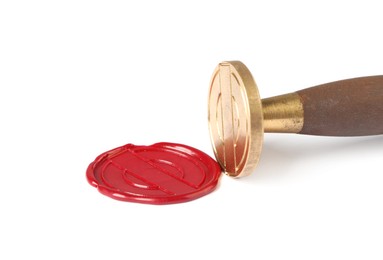 Photo of Beautiful wax stamp and red seal isolated on white