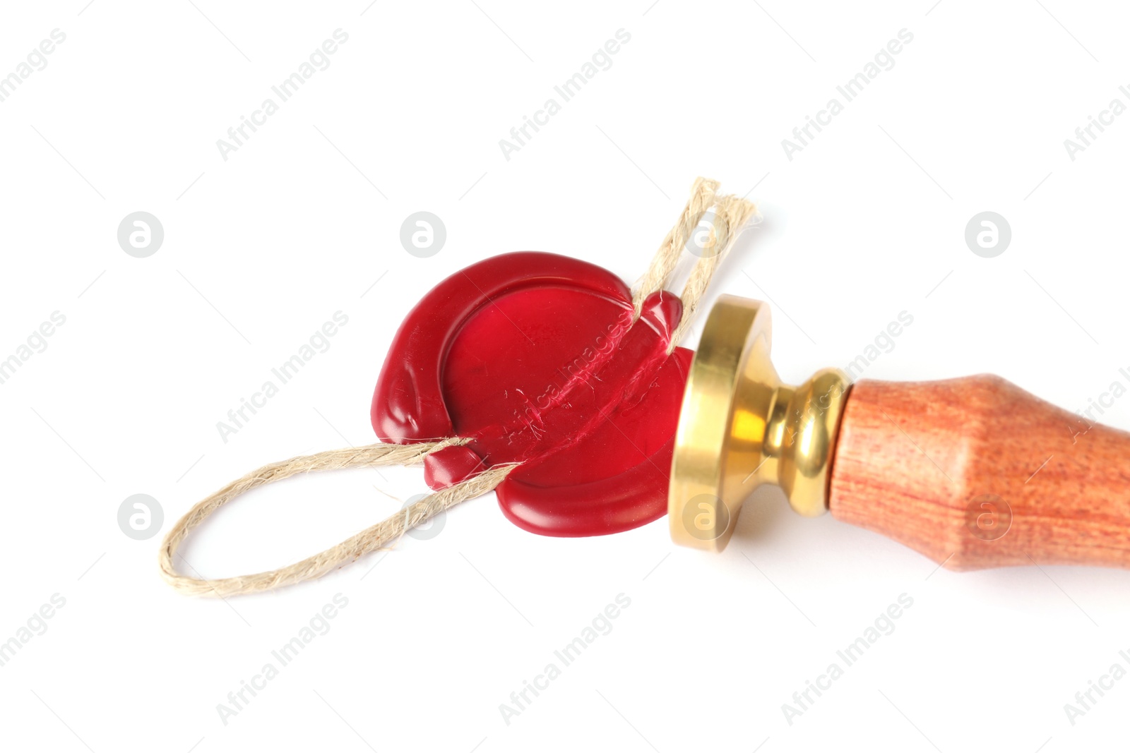 Beautiful wax stamp and red seal with twine isolated on white Photo of Beautiful wax stamp and red seal with twine isolated on white