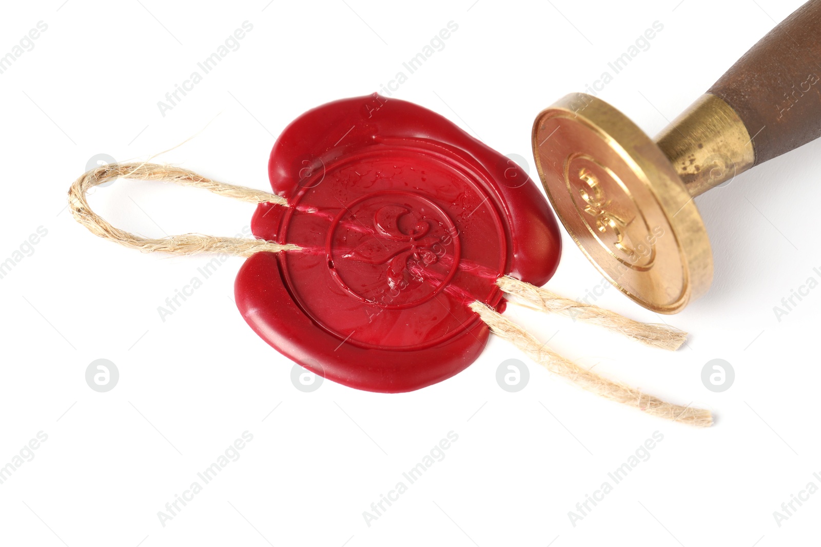 Beautiful wax stamp and red seal with twine isolated on white, above view Photo of Beautiful wax stamp and red seal with twine isolated on white, above view